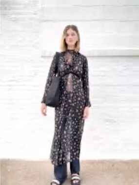 Anna Sui Black Floral Sheer Long-Sleeve Maxi Dress 100% silk